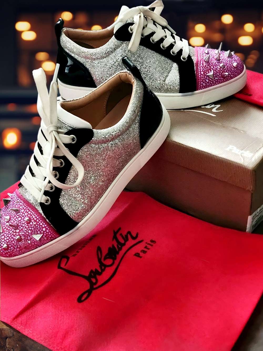 Christian Louboutin Glitter & Spiked Low-Top Sneaker - Pink/Silver/Black